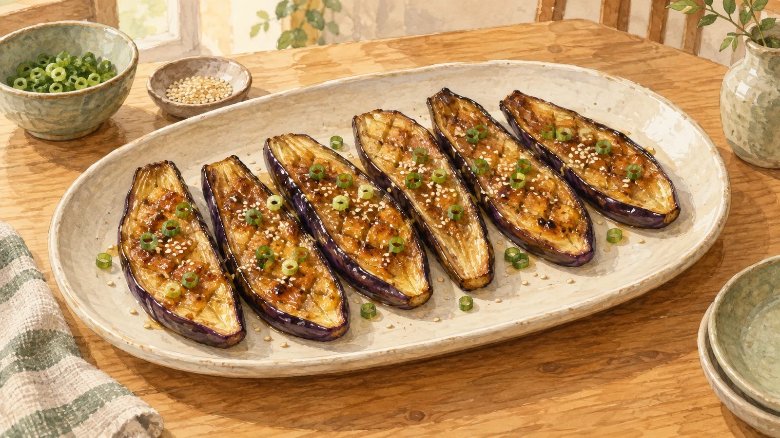 Watercolor illustration of six slender eggplant halves with browned miso glaze, scallion rings and sesame seeds on a cream platter