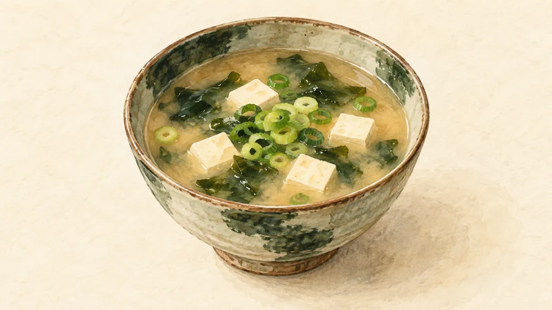 Watercolor illustration of pale miso soup with tofu cubes, dark green wakame and sliced scallions in a ceramic bowl.
