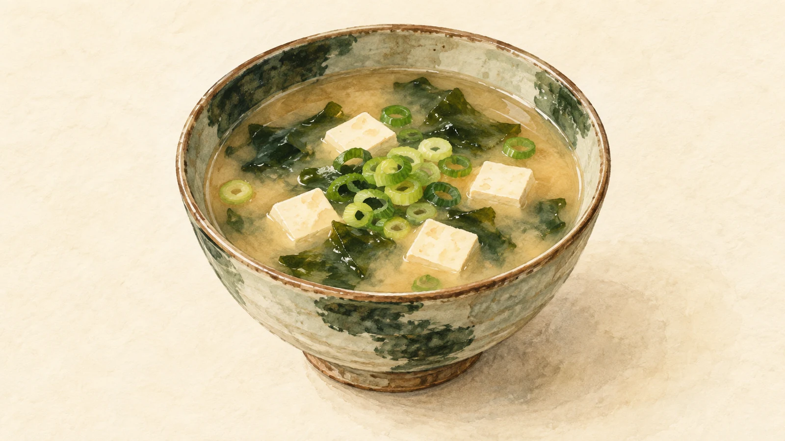 Watercolor illustration of pale miso soup with tofu cubes, dark green wakame and sliced scallions in a ceramic bowl.