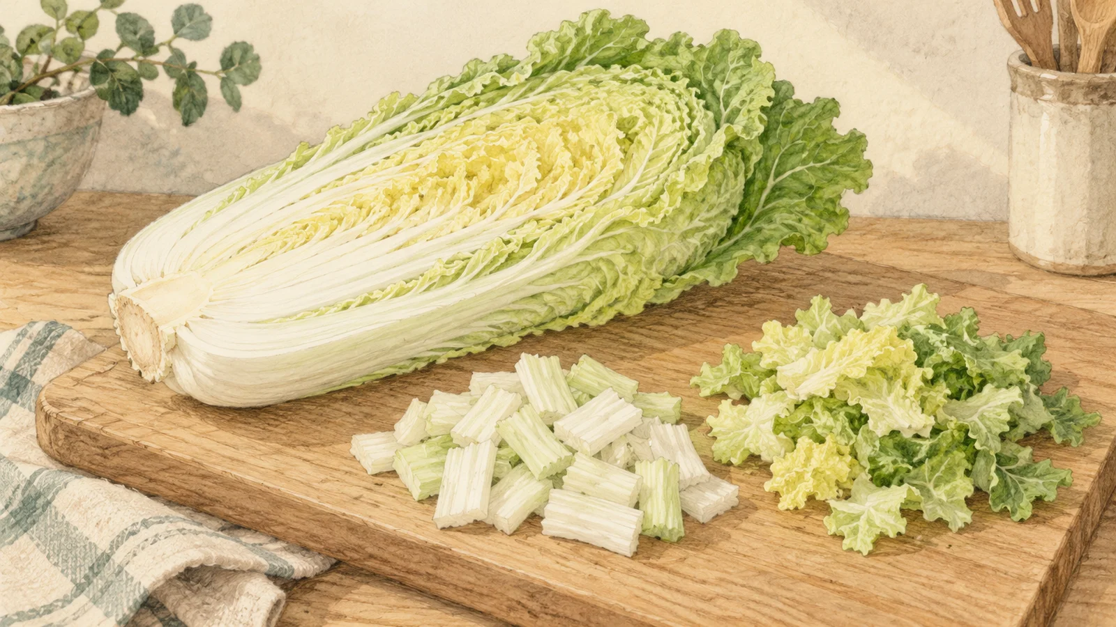 Watercolor illustration of a halved napa cabbage on a cutting board beside separate piles of chopped white ribs and pale green leaves