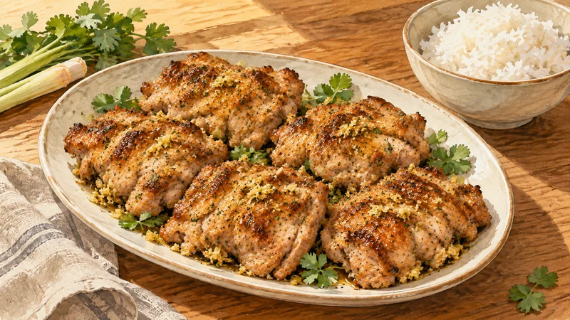 Illustration of browned boneless lemongrass chicken thighs on a cream platter beside a bowl of white rice.