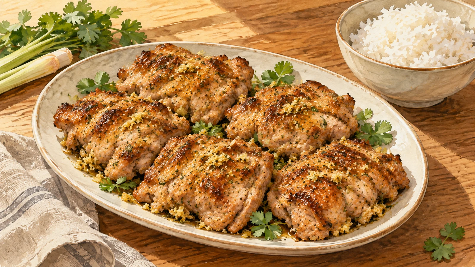 Illustration of browned boneless lemongrass chicken thighs on a cream platter beside a bowl of white rice.