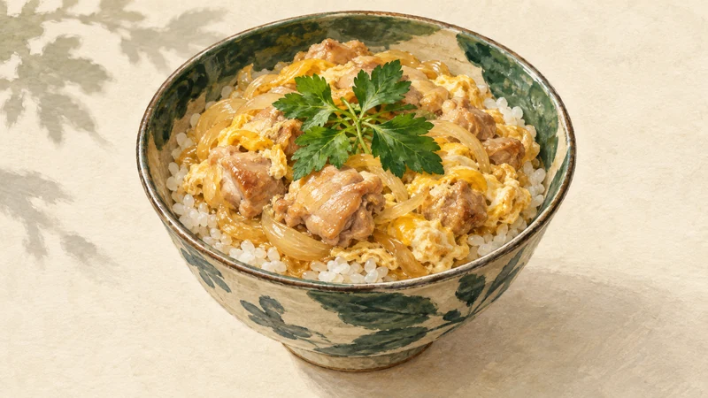 Watercolor illustration of an oyakodon rice bowl topped with cooked chicken, set egg, translucent onion and three-part mitsuba leaves.