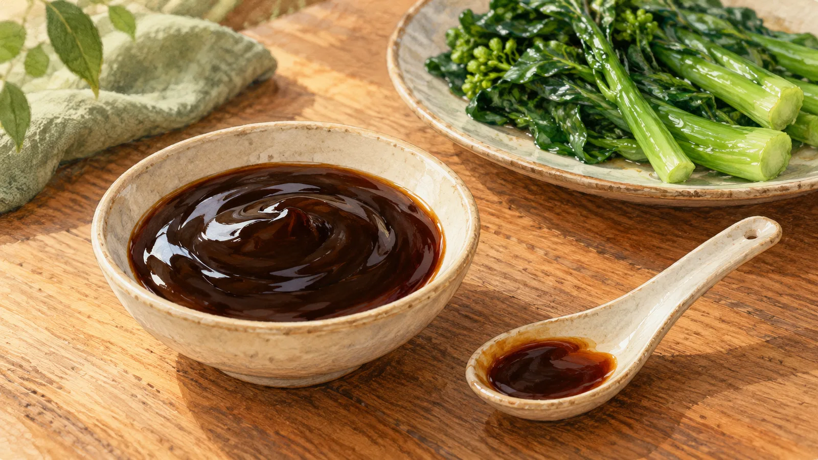 Illustration of thick dark brown oyster sauce in a ceramic bowl and spoon beside a plate of leafy greens