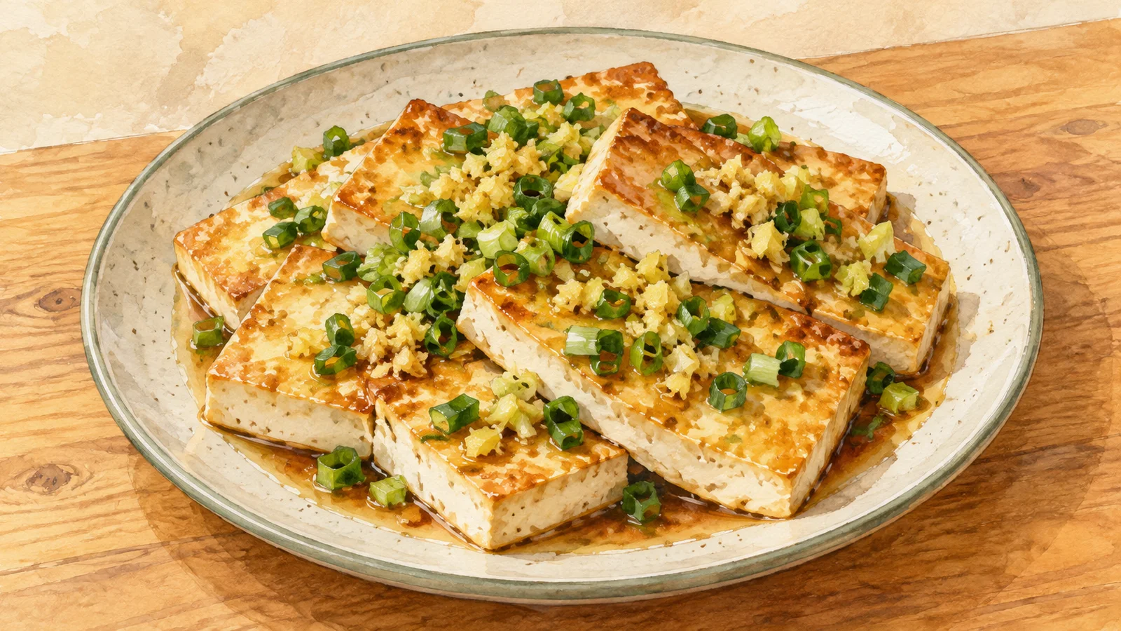 Illustration of golden pan-seared tofu slices topped with minced ginger and scallions on a ceramic plate.