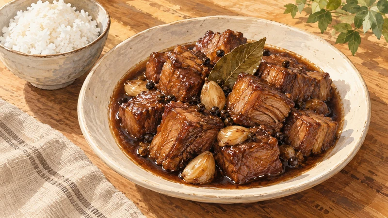 Illustration of browned pork adobo pieces in a shallow sauce with garlic, bay and black peppercorns, beside white rice.