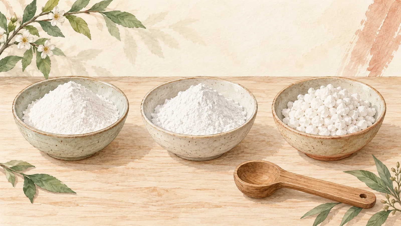 Watercolor illustration of three ceramic bowls holding two fine white rice flours and coarse white shiratamako granules beside a wooden spoon