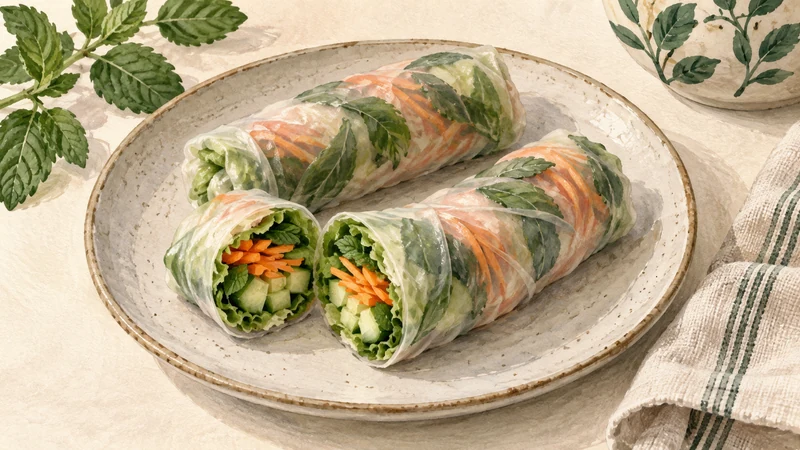 Illustration of translucent rice-paper rolls filled with lettuce, carrot, cucumber and herbs on a plate.