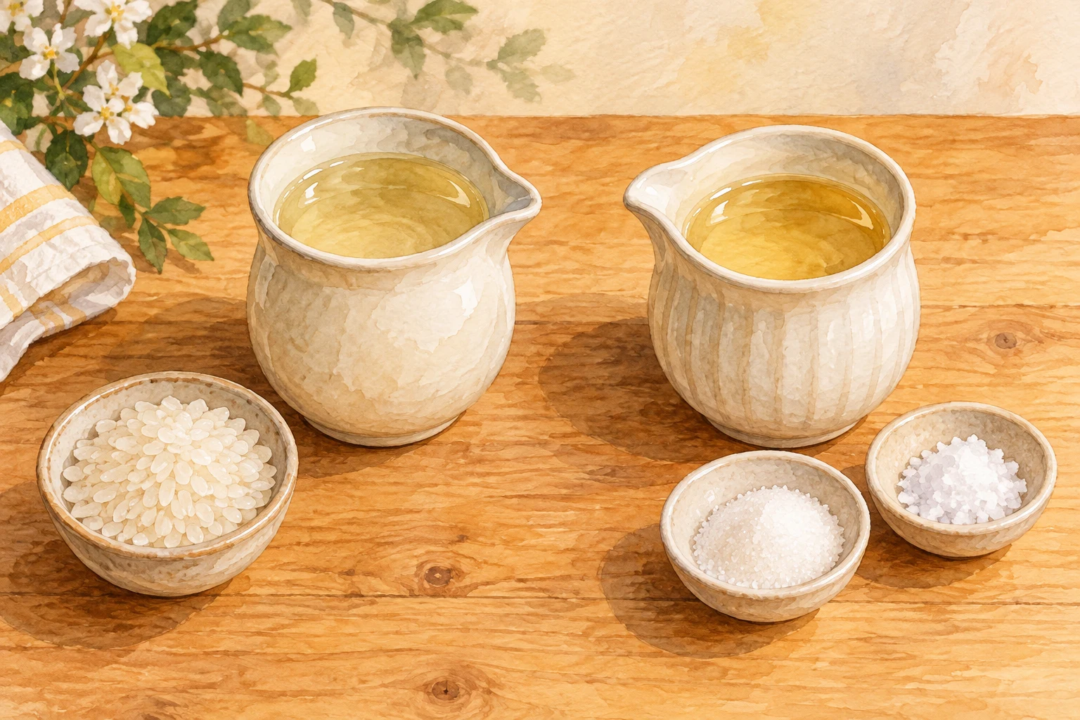 Warm watercolor illustration of two cream pitchers of pale rice vinegar, one beside rice and the other beside small dishes of sugar and salt.