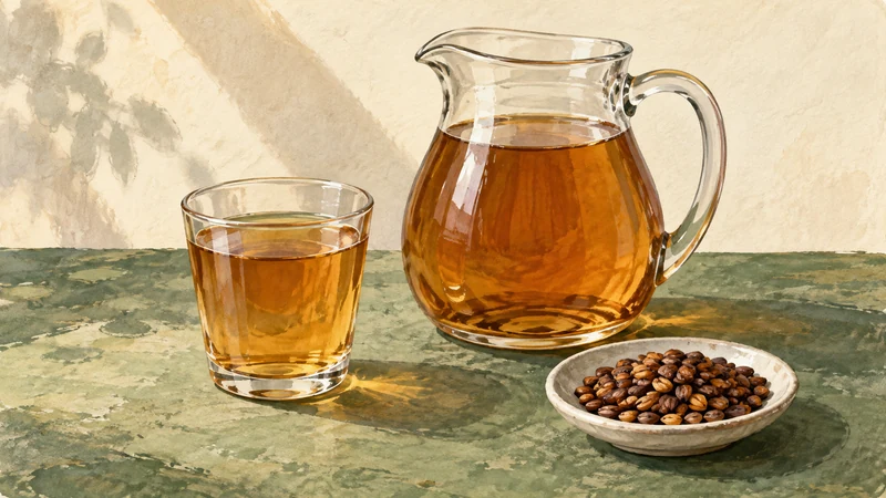 Illustration of amber roasted barley tea in a clear pitcher and glass, with roasted grains on a small dish.