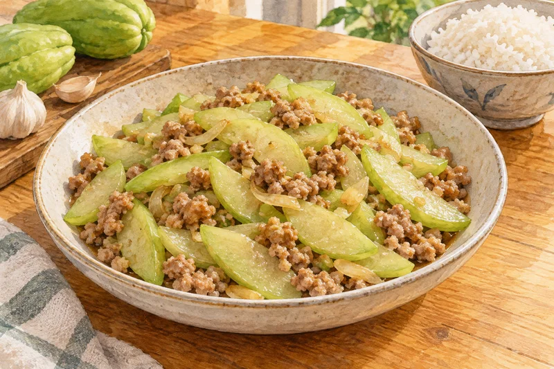 Watercolor illustration of pale green chayote slices and browned ground pork in a shallow cream serving bowl beside rice.