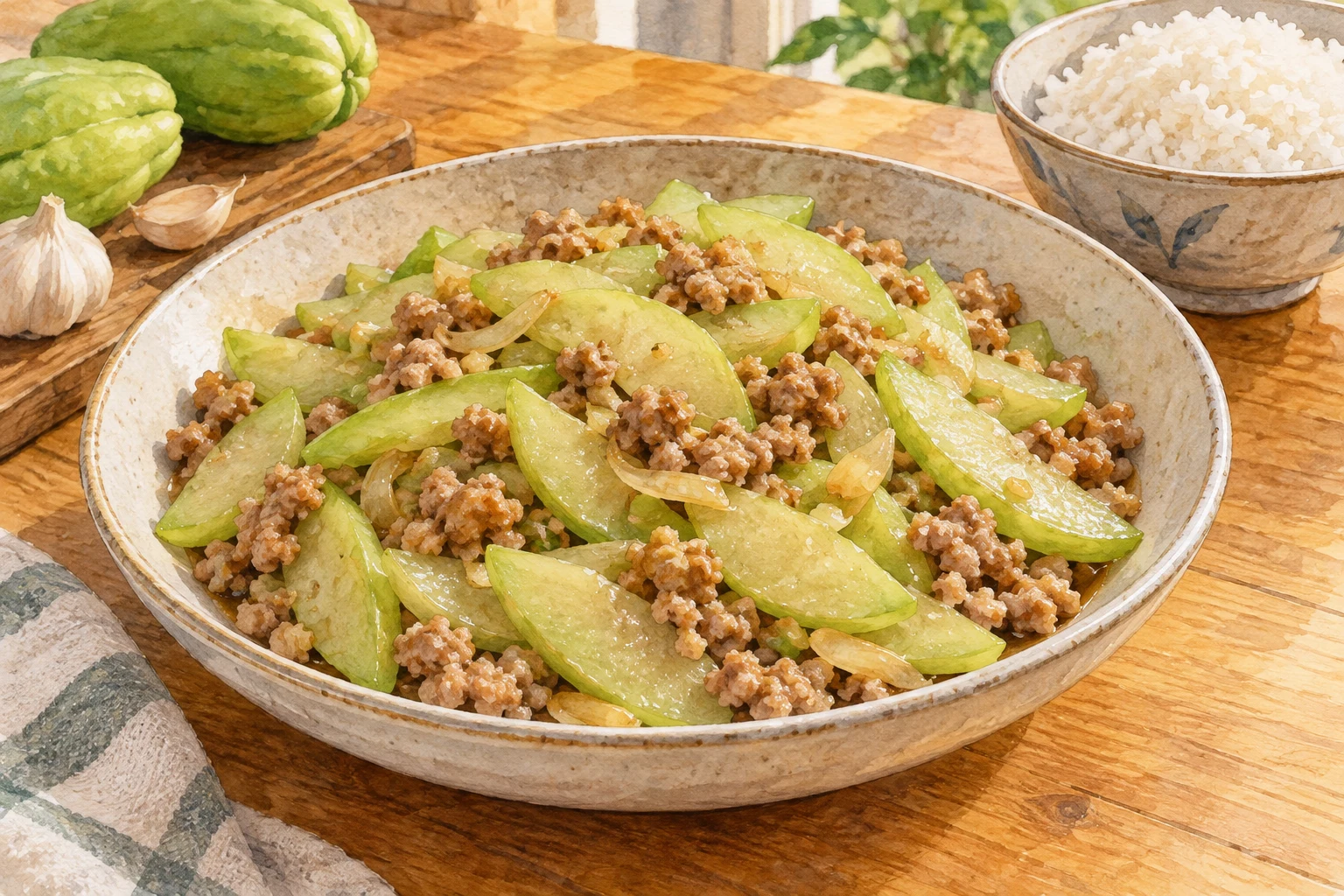 Watercolor illustration of pale green chayote slices and browned ground pork in a shallow cream serving bowl beside rice.