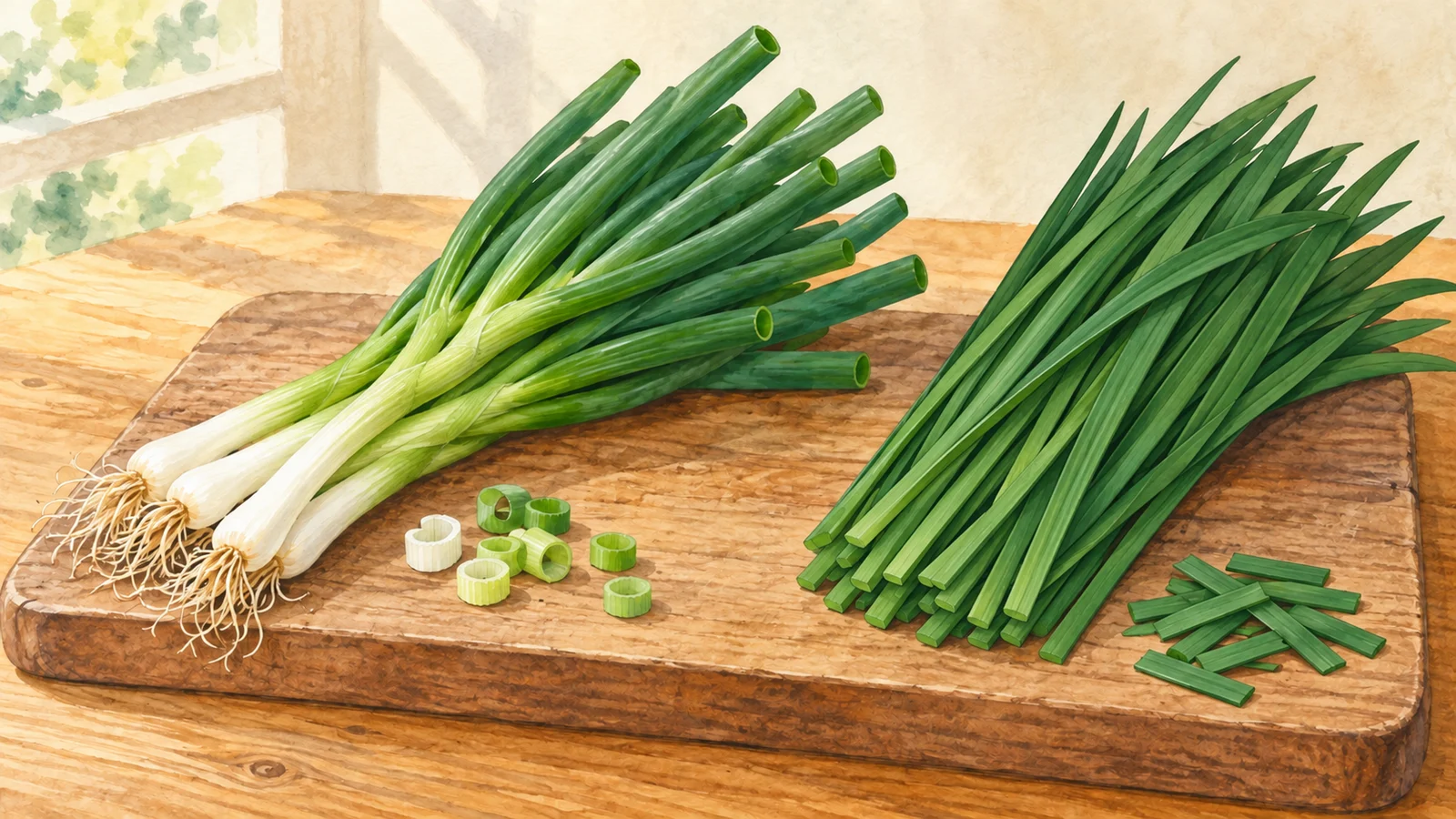 Illustration of scallions with white bases and tubular green leaves beside garlic chives with flat green leaves, with cut pieces below each bunch.
