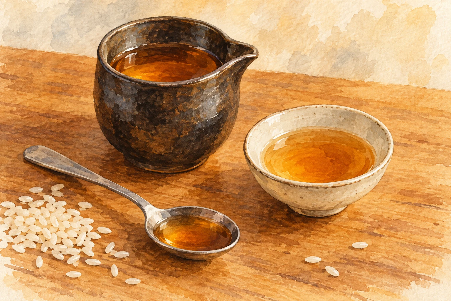 Warm watercolor illustration of amber Shaoxing wine in a dark ceramic pitcher and cream bowl beside a wooden spoon and rice grains.