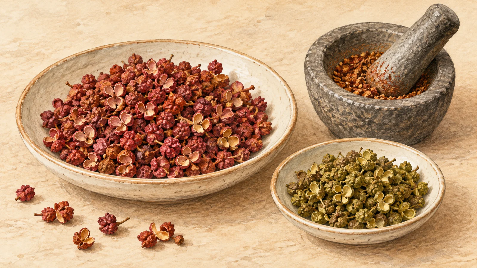 Illustration of red and green Sichuan peppercorn husks in ceramic dishes beside a mortar of ground spice