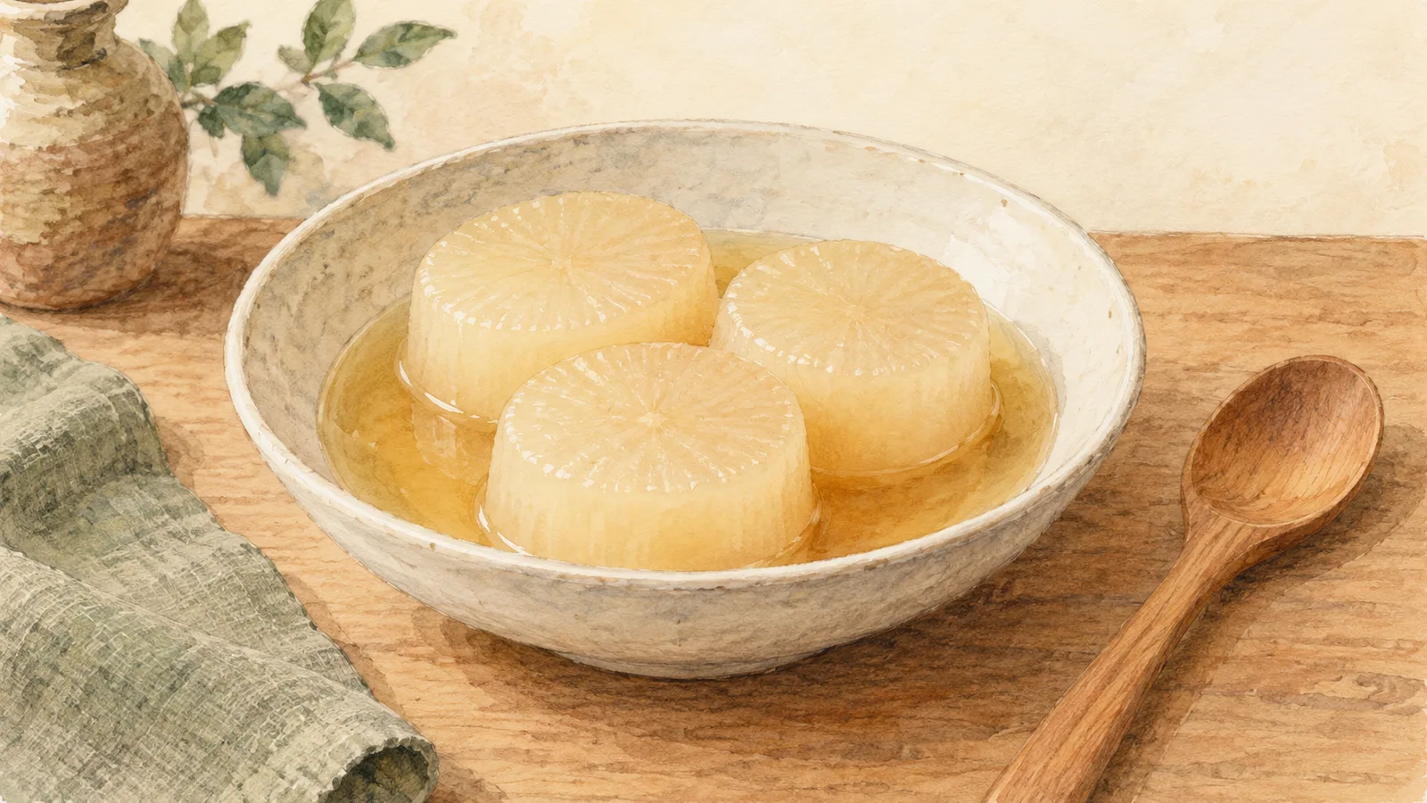 Watercolor illustration of three tender daikon rounds in pale amber broth in a shallow ceramic bowl beside a wooden spoon