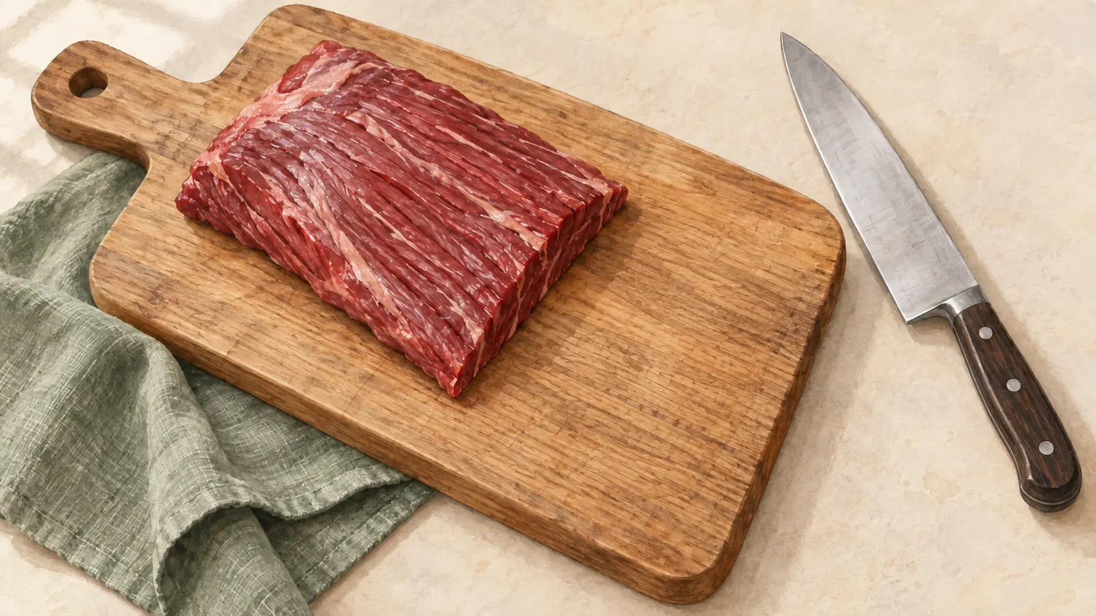 Illustration of a whole raw beef section with visible muscle grain on a wooden board, with a plain chef’s knife resting beside it