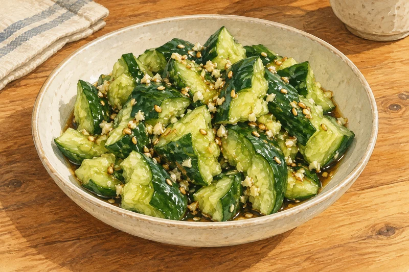 Watercolor illustration of cracked skin-on cucumber chunks with minced garlic and sesame seeds in a shallow cream bowl.