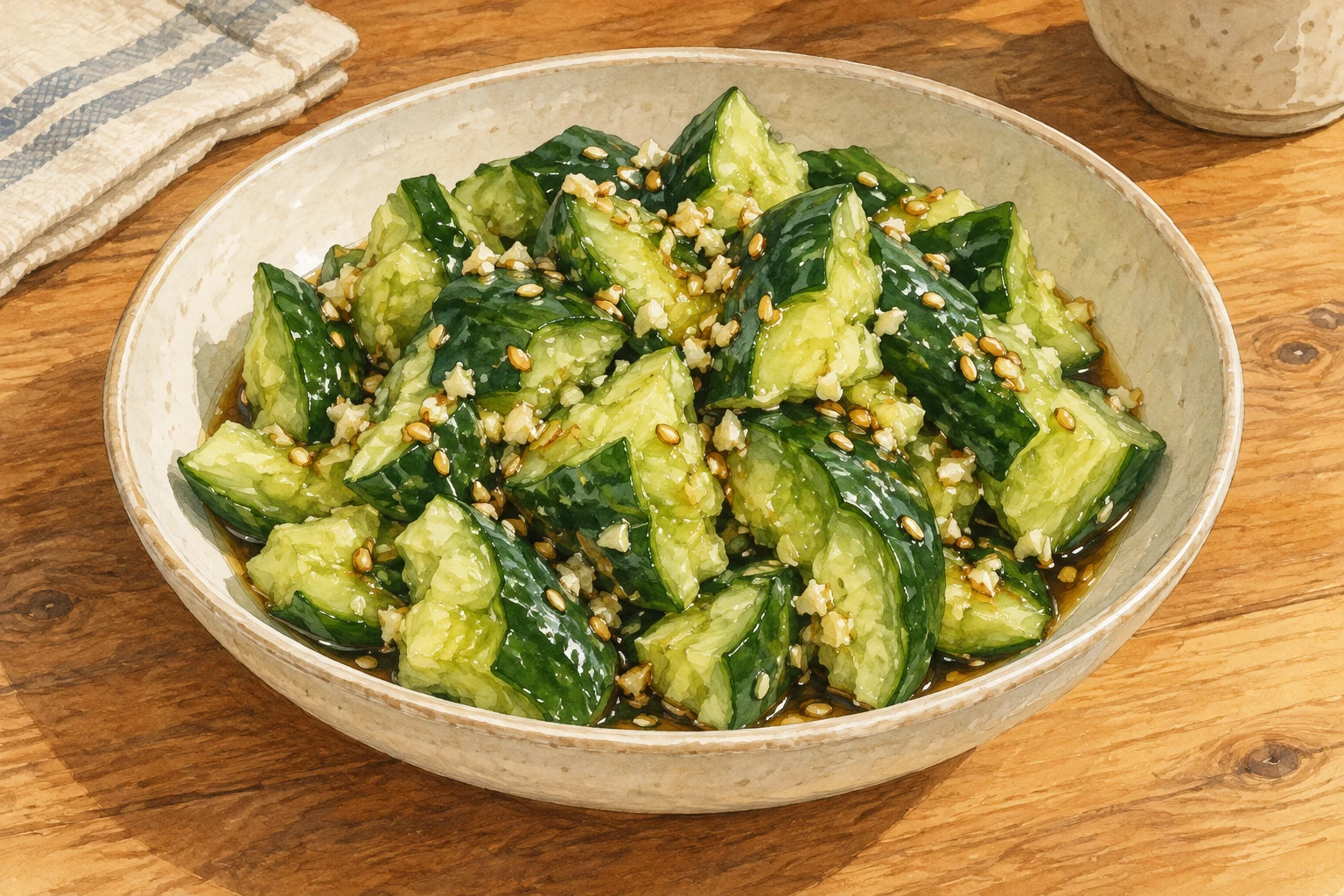 Watercolor illustration of cracked skin-on cucumber chunks with minced garlic and sesame seeds in a shallow cream bowl.