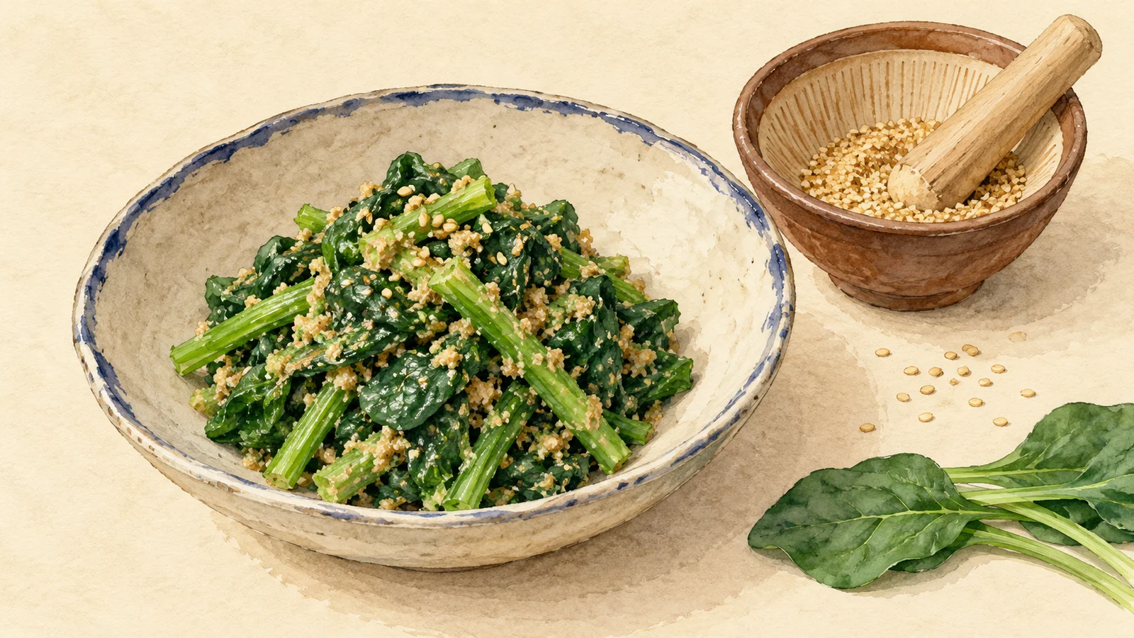 Watercolor illustration of chopped cooked spinach coated in ground sesame in a ceramic bowl, beside a mortar of sesame seeds
