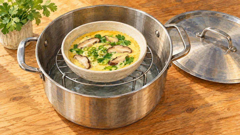 Illustration of a pot, steaming rack, and heatproof bowl