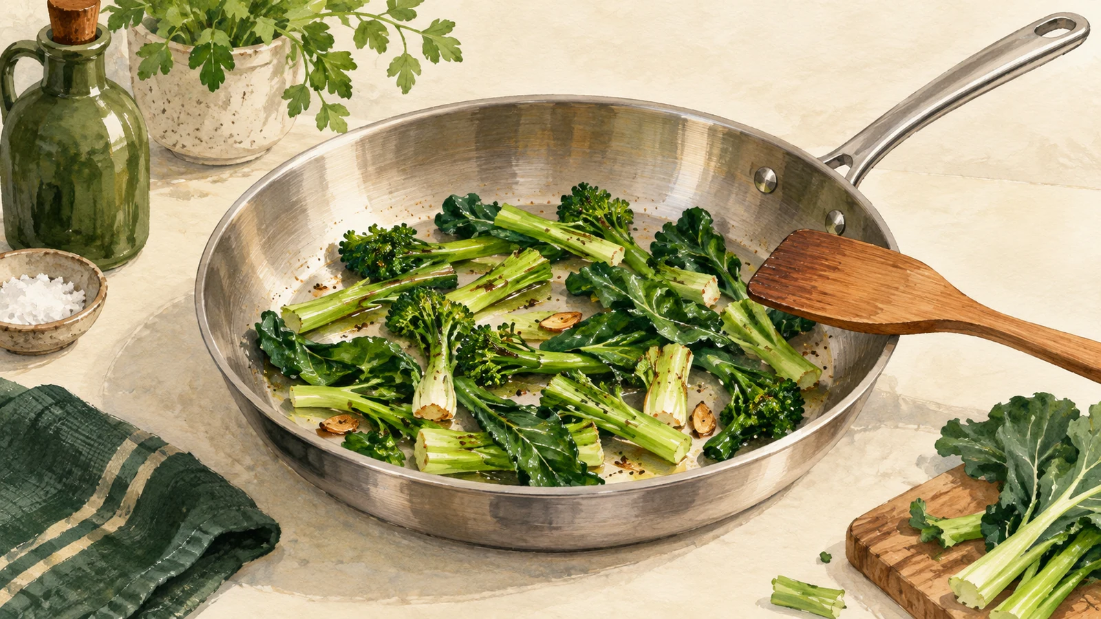 Watercolor illustration of green vegetable stems and leaves in an uncrowded stainless-steel skillet beside a wooden spatula.