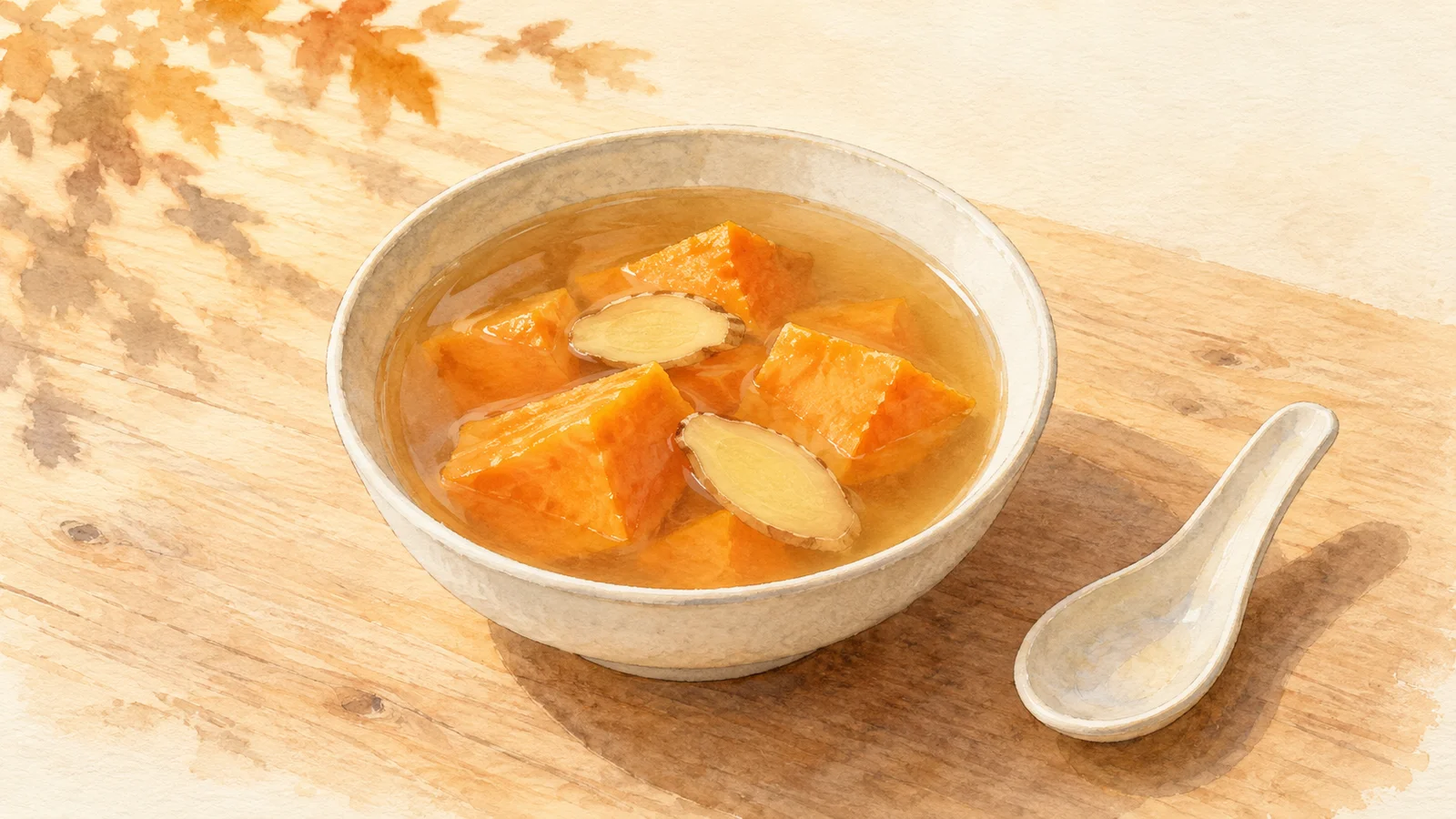 Watercolor illustration of orange sweet potato chunks and ginger slices in clear amber broth in a ceramic bowl beside a soup spoon