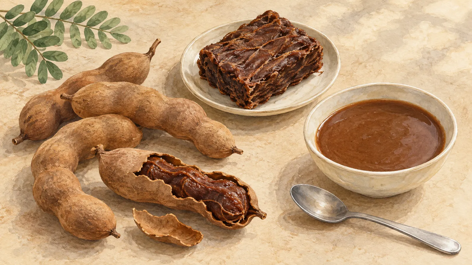 Watercolor illustration of tamarind pods, exposed brown fruit, a pressed pulp block and a bowl of smooth tamarind liquid