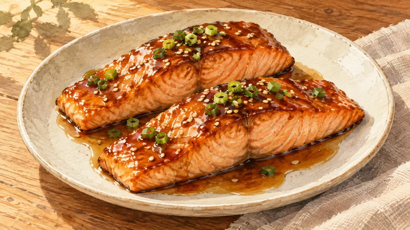 Illustration of two cooked salmon fillets with an amber-brown teriyaki glaze, scallions and sesame seeds on a cream plate.