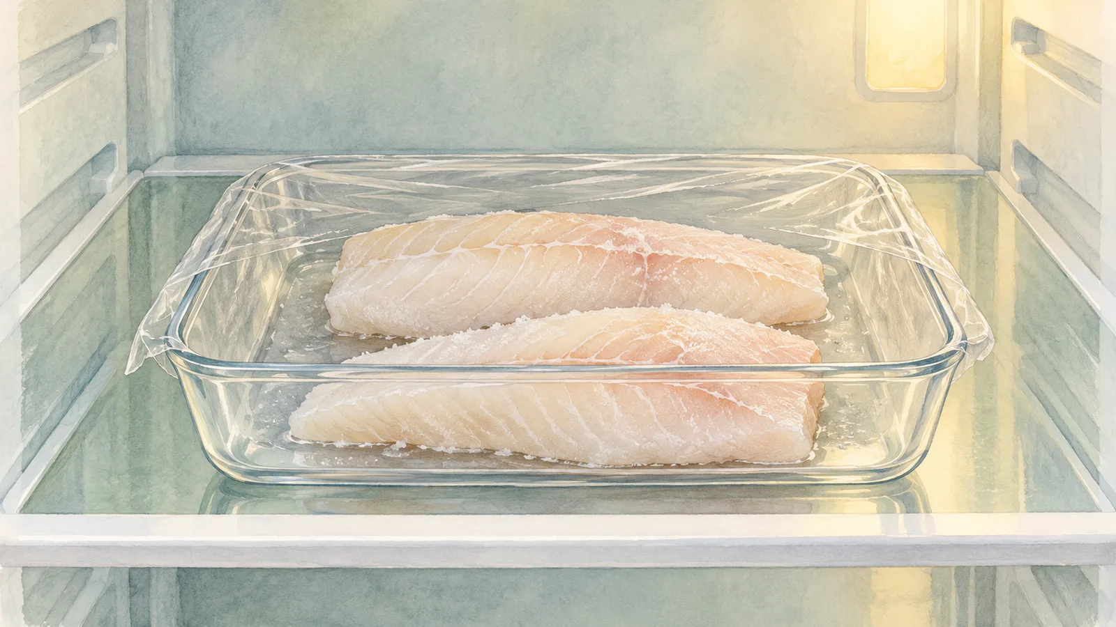 Illustration of two frozen fish fillets loosely covered in a shallow container on a refrigerator shelf