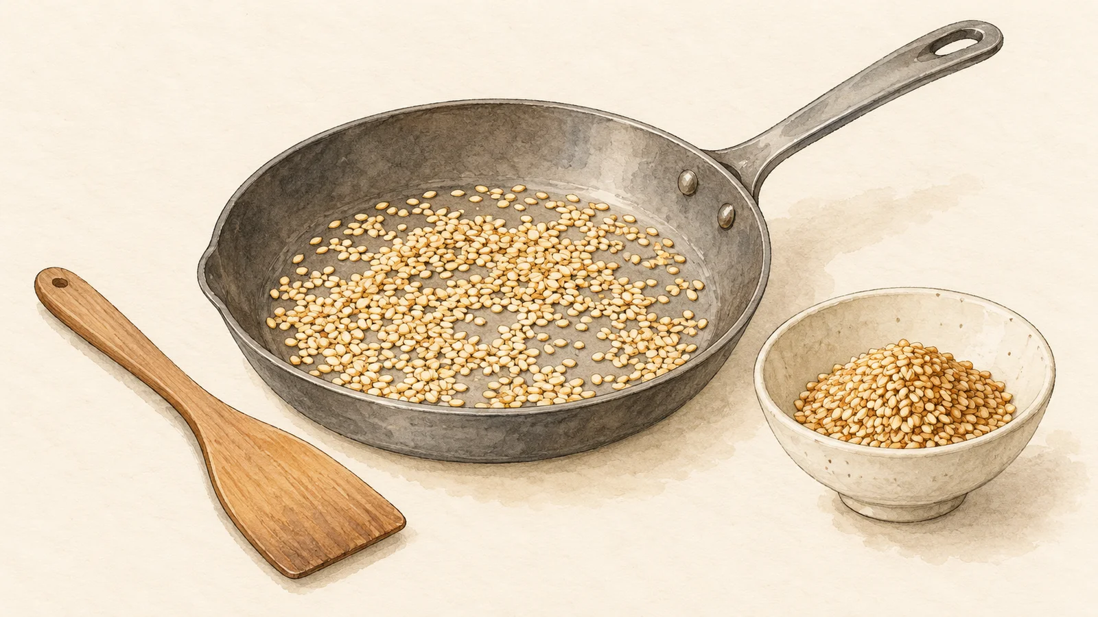 Watercolor illustration of golden sesame seeds in a dry skillet and ceramic bowl beside a wooden spatula