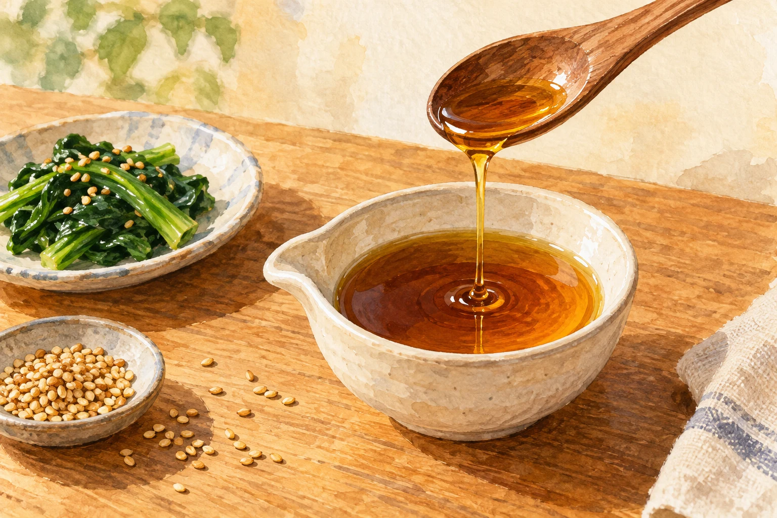 Warm watercolor illustration of golden toasted sesame oil dripping from a spoon into a cream bowl beside sesame seeds and green vegetables.