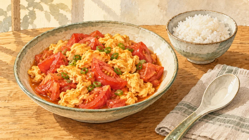 Illustration of tomato and egg stir-fry with scallion greens in a ceramic bowl, alongside plain white rice.