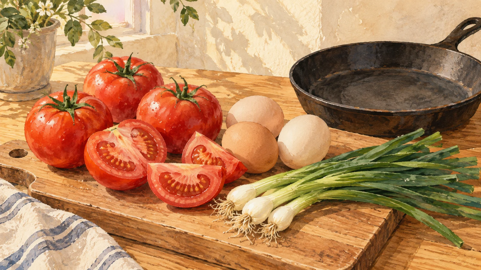 Illustration of ripe tomatoes, whole eggs and scallions on a wooden board beside an empty skillet.