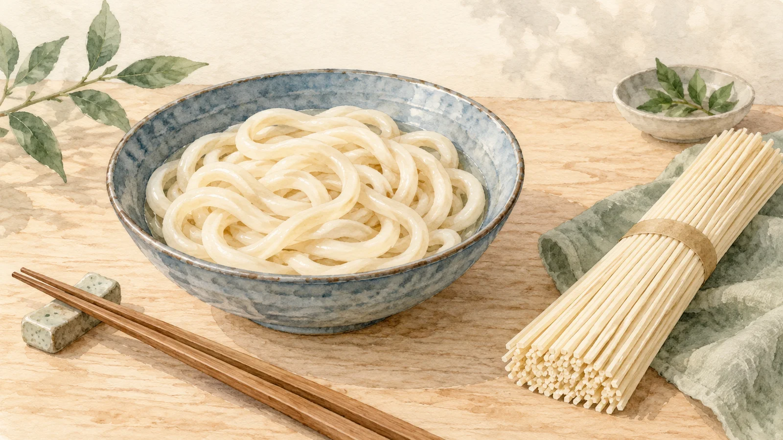 Watercolor illustration of thick udon noodles in a blue bowl beside a bundle of straight dried noodles and wooden chopsticks