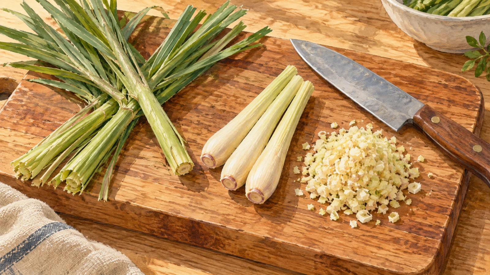 Illustration of whole culinary lemongrass, peeled pale stalk bases and chopped lemongrass on a board beside a knife.