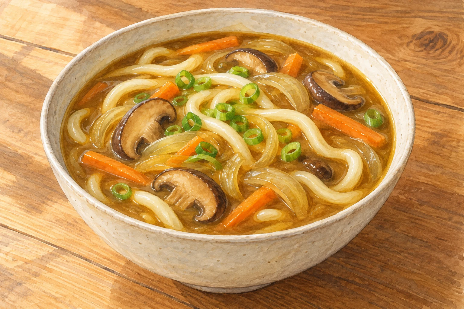 Watercolor illustration of thick udon noodles in amber curry broth with brown mushrooms, carrot strips, onion and scallion rings.