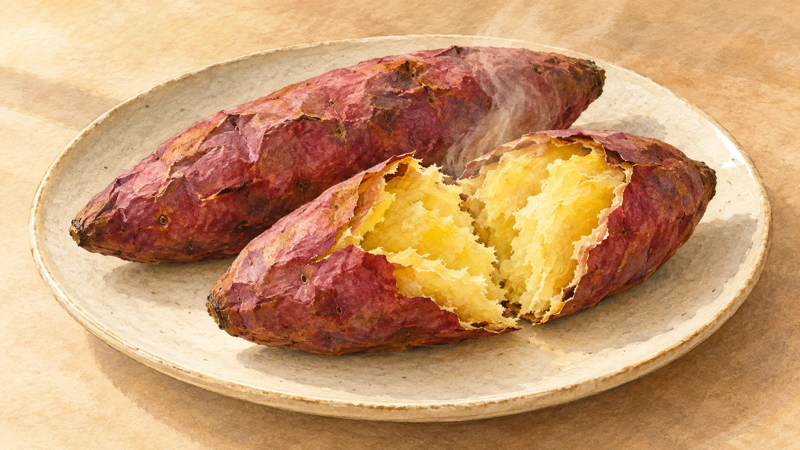 Illustration of two baked Japanese sweet potatoes with purple skins, one split open to show golden flesh on a ceramic plate