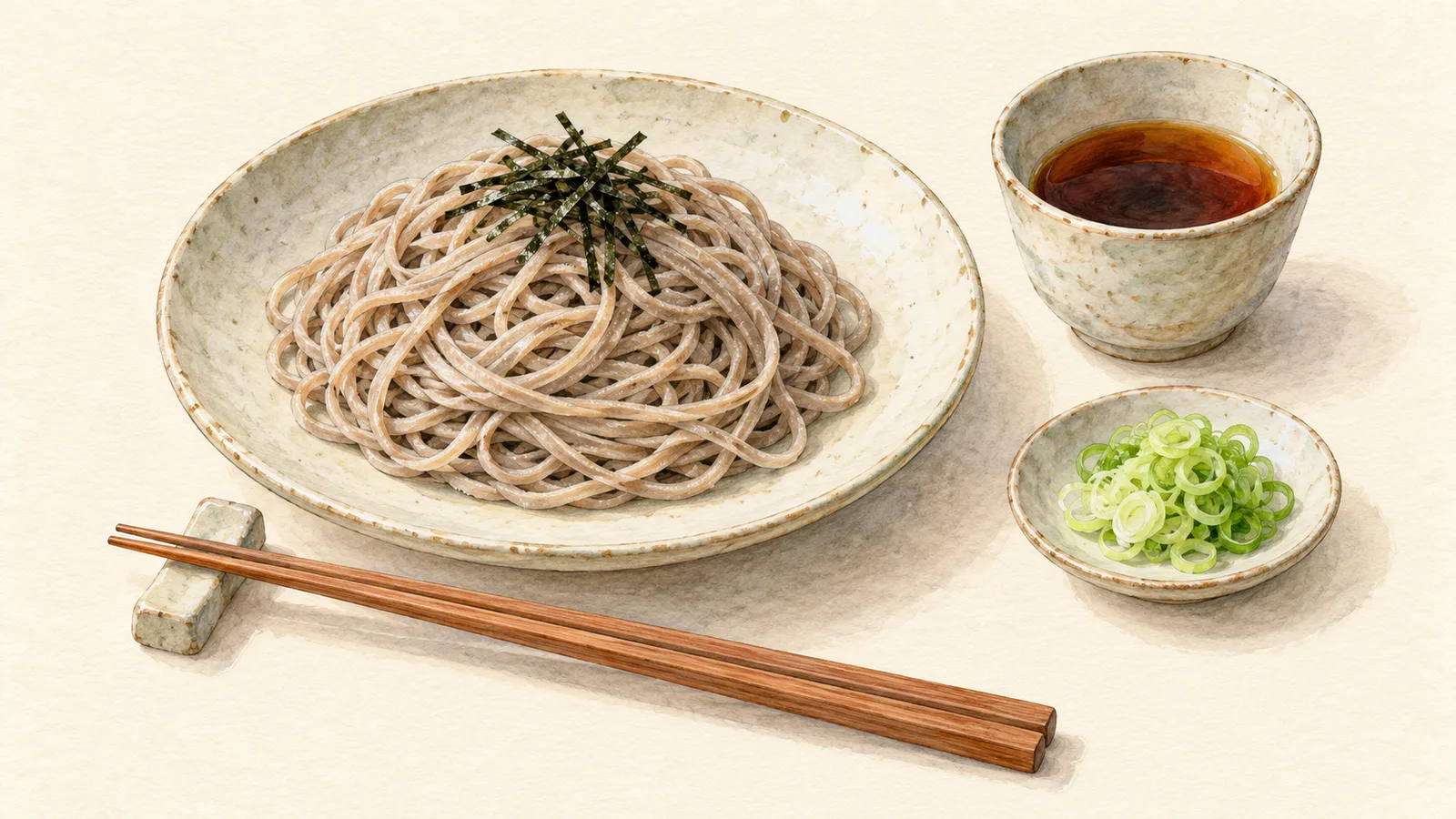 Watercolor illustration of brown soba noodles topped with nori on a ceramic plate beside a cup of dipping sauce, sliced scallion and chopsticks