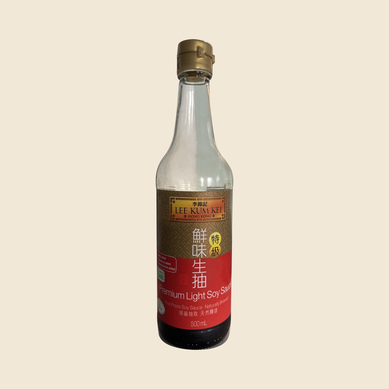 Complete Lee Kum Kee Premium Light Soy Sauce 500 mL UK bottle on beige