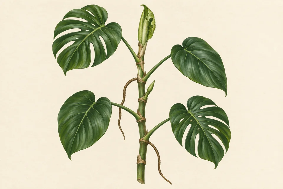 Hand-drawn Monstera stem showing leaves, nodes, a growing point, and aerial roots