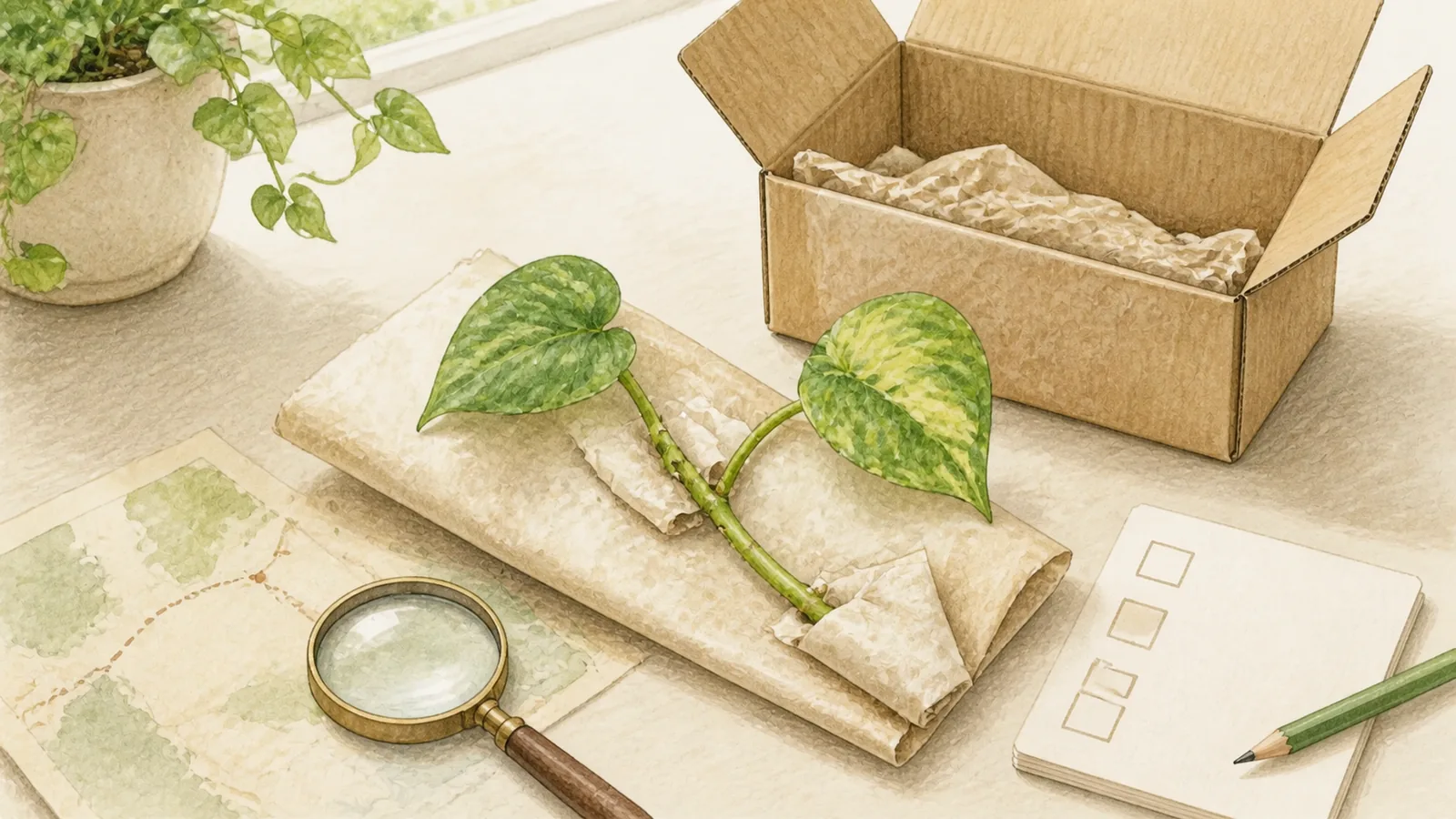 A wrapped plant cutting beside a shipping box, map, magnifying glass, and inspection checklist