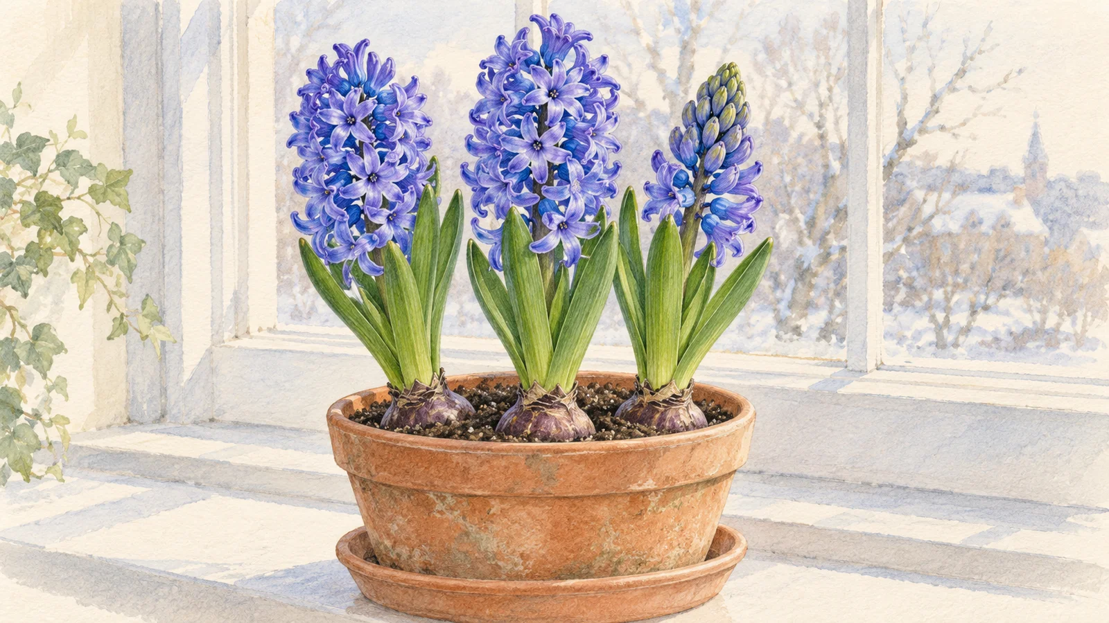 Watercolor illustration of purple-blue hyacinth flower spikes and green strap-shaped leaves in a terracotta pot beside a window