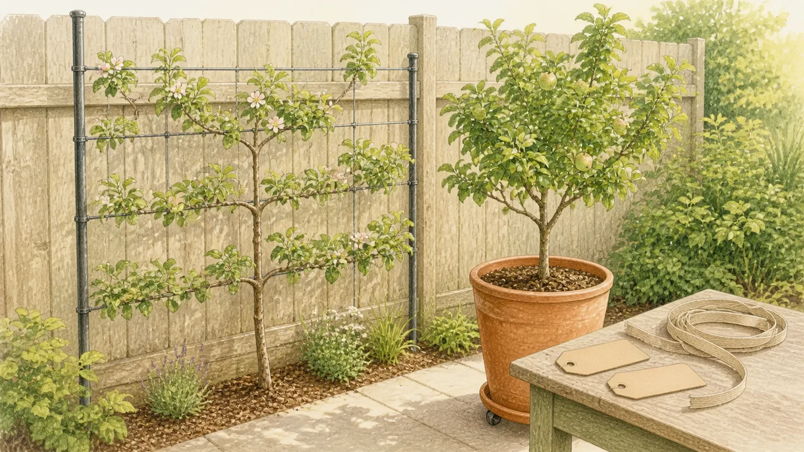 Fruit-tree tags beside an espaliered young tree and a large wheeled container in a narrow sunny yard