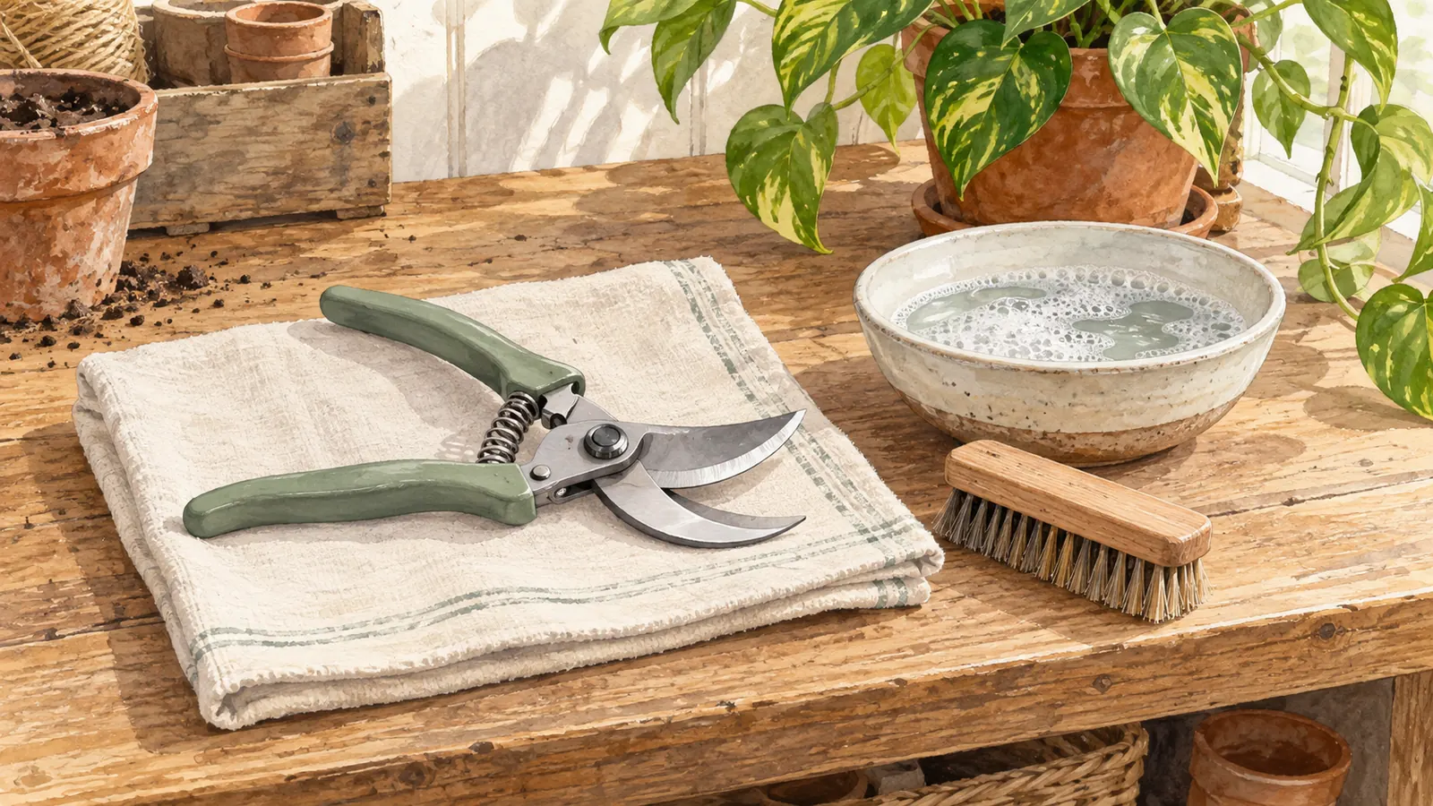 Illustration of open bypass pruning shears on a cloth beside a brush and bowl of soapy water