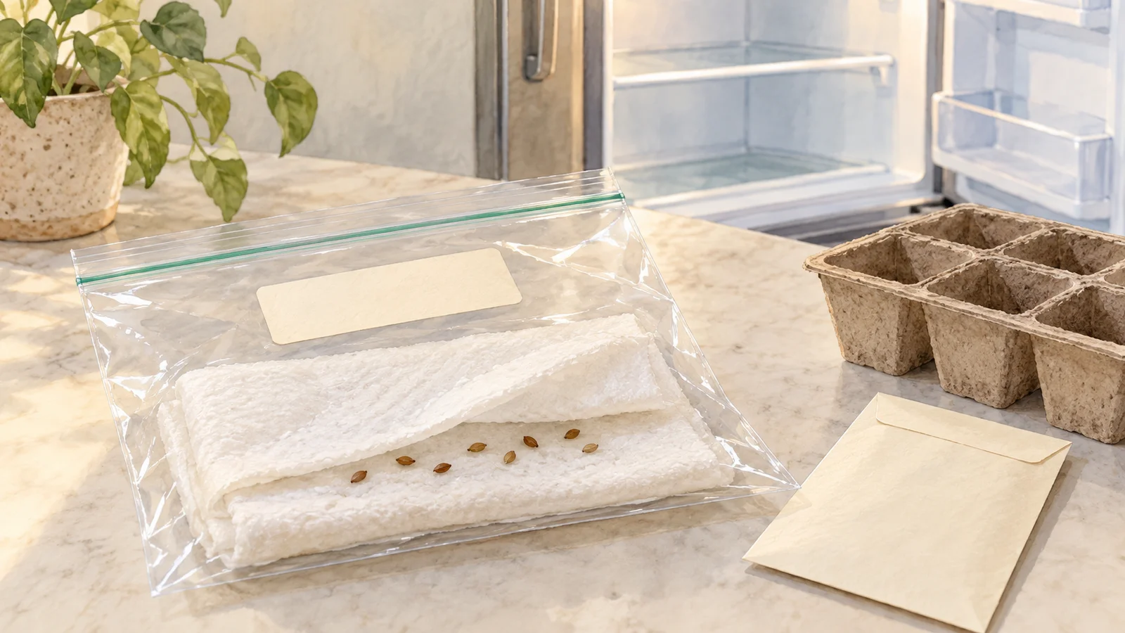 Illustration of seeds in a damp folded paper towel inside a clear bag with a blank label, beside a seed tray and an open refrigerator