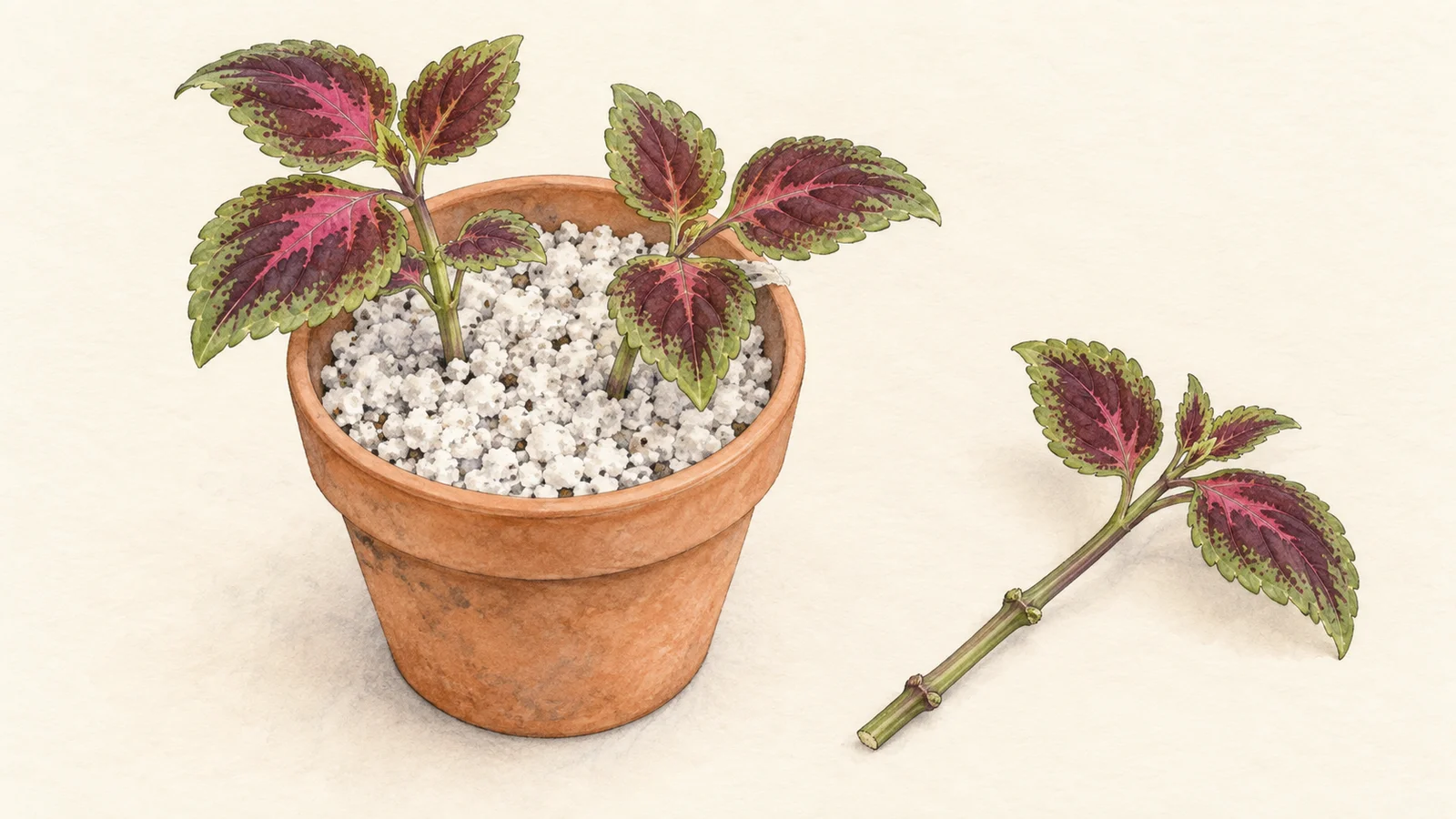 Watercolor illustration of two pink-and-green coleus cuttings in a pot of perlite beside a loose cutting with bare lower nodes