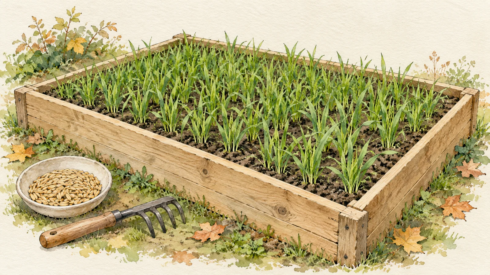 Watercolor illustration of young oat plants covering a wooden raised bed, with a bowl of oat seeds and a hand rake alongside