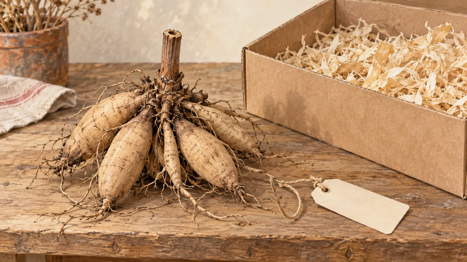 Illustration of an intact dahlia tuber clump with a short cut stem beside a cardboard box of wood shavings and a blank plant tag