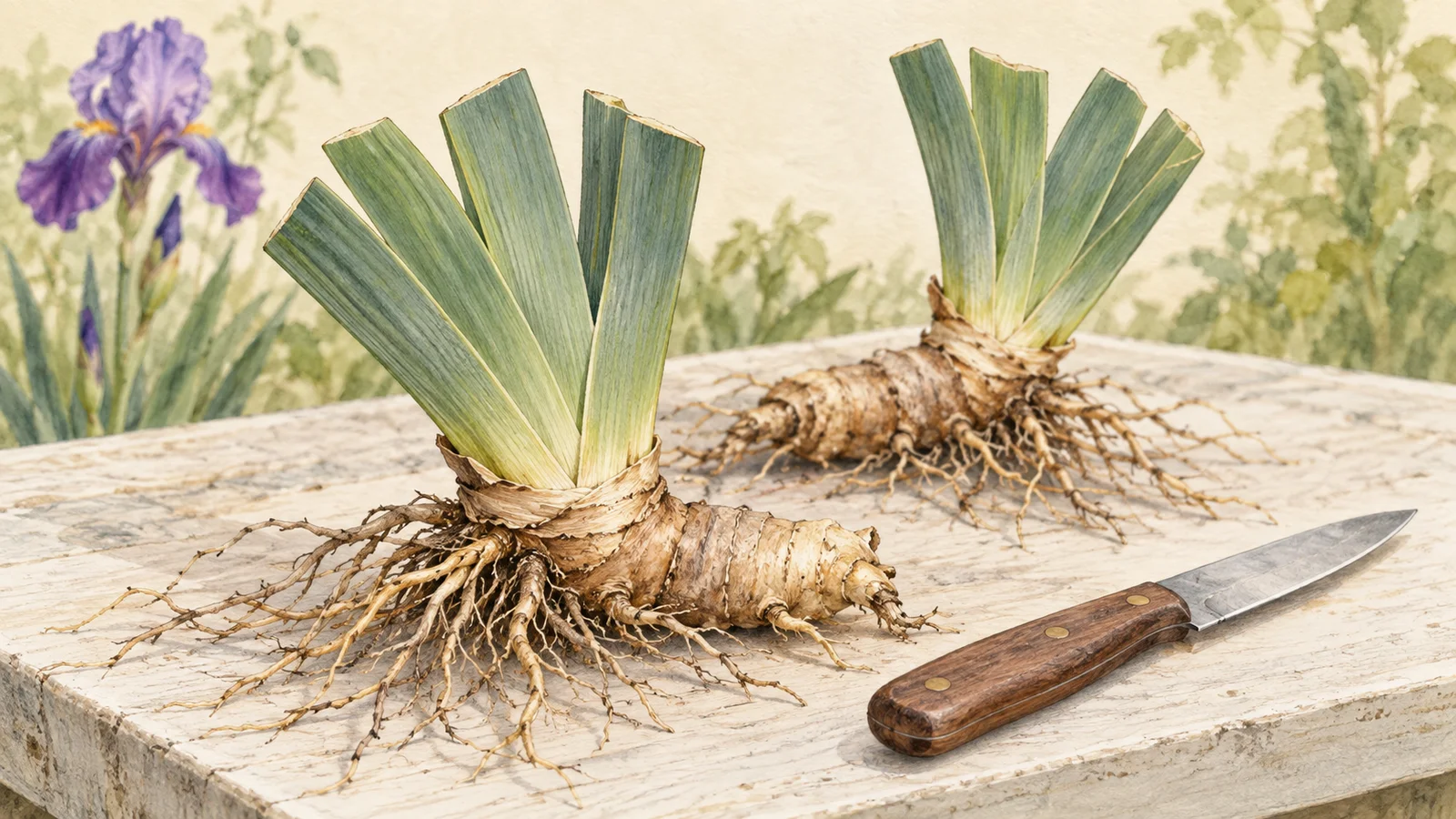 Watercolor illustration of two bearded iris divisions with trimmed green leaf fans, tan horizontal rhizomes and fine roots beside a garden knife